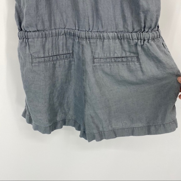 Lou & Grey Dusty Blue Romper Tie Neck Button Up.  100% linen. Drawstring - Picture 8 of 9